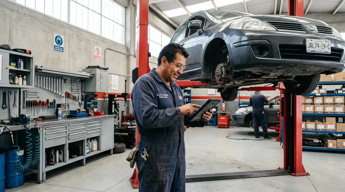 Mecánico mexicano enviando el estatus de una reparación por WhatsApp desde el taller