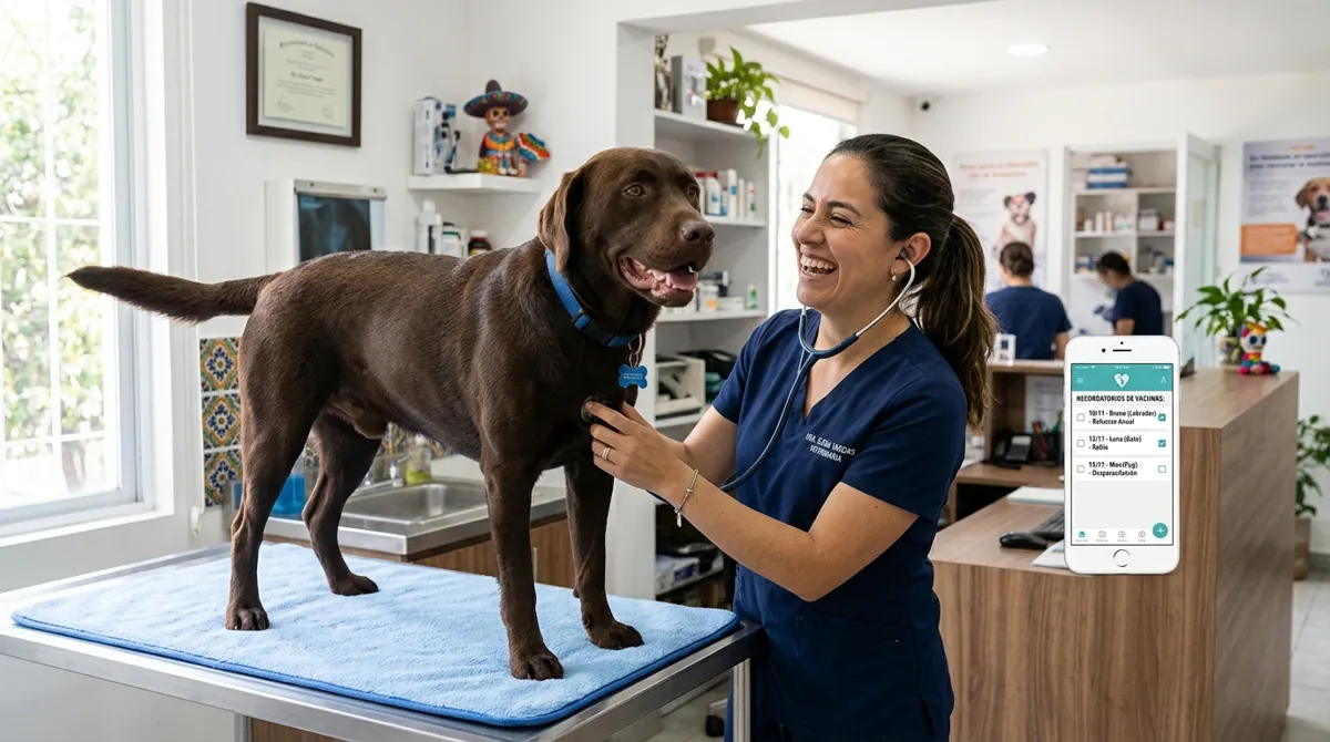 Veterinaria mexicana atendiendo a un perro con recordatorios de vacunas automatizados