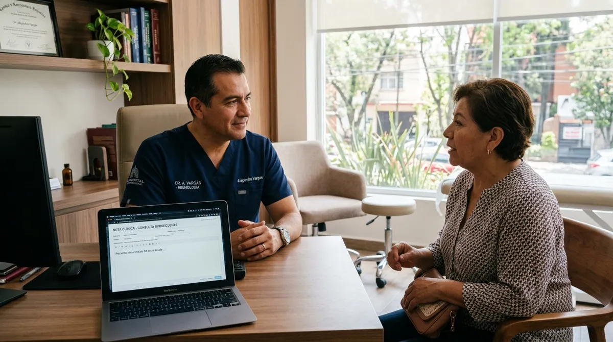 Médico en consulta mientras la IA genera la nota clínica automáticamente