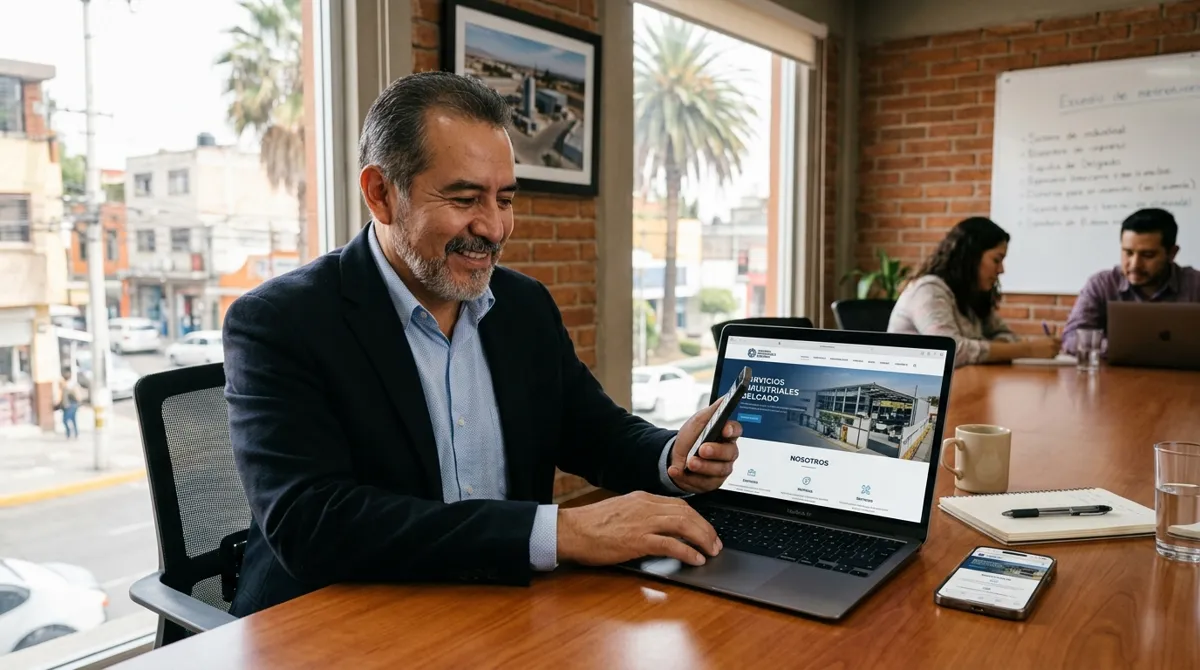 Empresario mexicano revisando la nueva página web de su empresa en laptop y celular