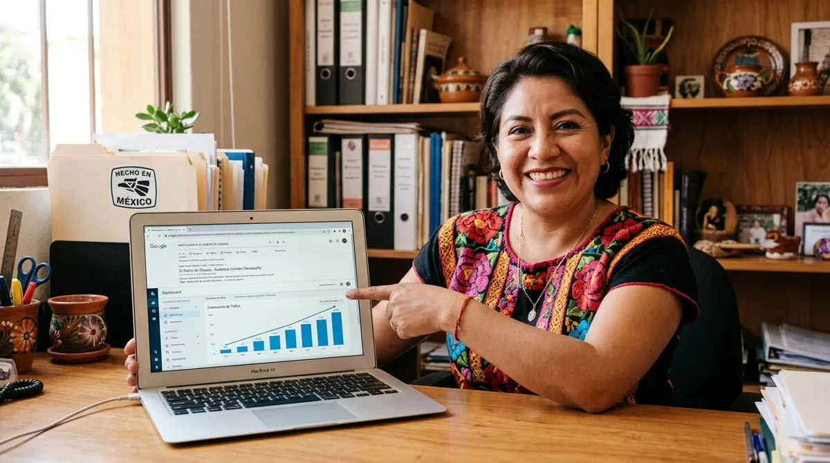 Dueña de negocio mexicana viendo su empresa en el primer resultado de búsqueda