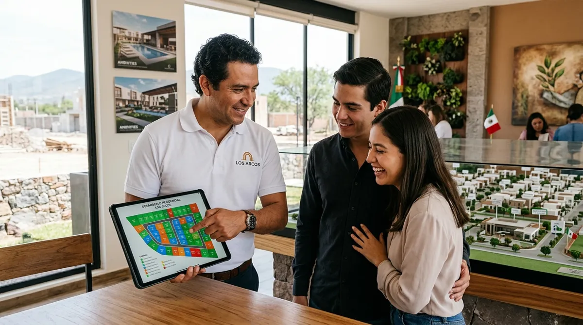 Asesor inmobiliario mostrando el plano digital de lotes de un desarrollo en tablet