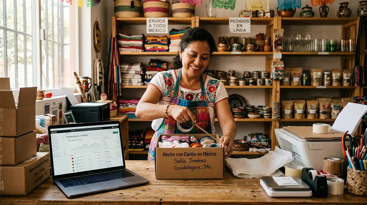 Dueña de negocio mexicana empacando pedidos de su tienda en línea